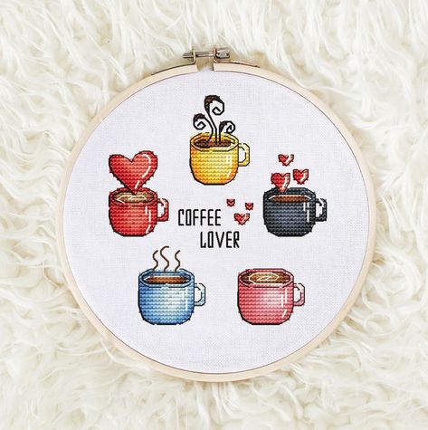 Cross stitch pattern “Coffee Lover" The size of the embroidery: 60 х 62 crosses (for canvas Aida 14 is 11 х 11 cm, 4.29x4.43 in.) Number of colors: 29 basic colors and 3 blends of them Palette: DMC Used stitches: cross-stitch, backstitch Cross Stitch Coffee, Coffee Cross Stitch Pattern, Lover Embroidery, Coffee Cross Stitch, Stitch Coffee, Coffee & Love, Tiny Cross Stitch, Easy Cross Stitch Patterns, Cups Of Coffee