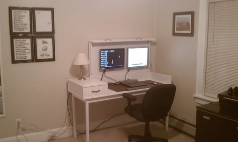 Custom folding desk with hidden monitors Hidden Computer Monitor, Hidden Monitor Desk, Home Office Hidden, Hidden Monitor, Hidden Computer, Hidden Desk, Small Computer Desk, Computer Desk Setup, Baby Changing Table