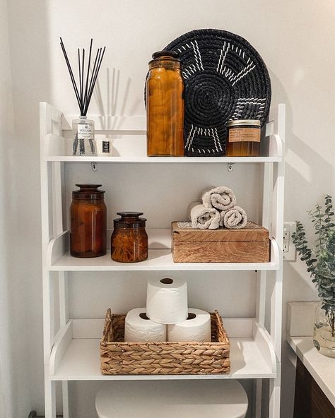 Over Toilet Storage Organization, Toiletries Storage Bathroom, Bathroom Shelf Decor Over Toilet Organization Ideas, Towel Above Toilet, Over The Toilet Rack Decor, Black Over Toilet Storage, Over The Toliet Storage, Over Toilet Organizer, How To Style Over The Toilet Shelf