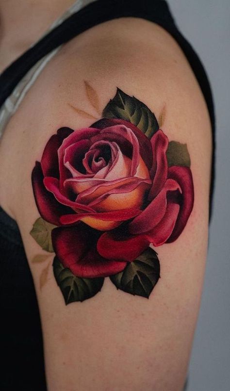 Feed Your Ink Addiction With 50 Of The Most Beautiful Rose Tattoo Designs For Men And Women|#tattoo #handtattoo #tattoos #rosetattoo #tattoorose 209 Beautiful Rose Tattoo, Burgundy Rose Tattoo, Fixed Tattoos Before And After, Red Rose Tattoo On Shoulder, Colour Rose Tattoo, Colored Rose Tattoo, 2 Roses Tattoo, Rose Tattoo Color, Color Rose Tattoo