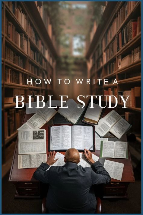 Person reviewing multiple books on a large desk in a library, with the text "How to Write a Bible Study" above them. Study Partner, Study Writing, Bible Study Methods, Christian Bible Study, Bible Study Lessons, Engaging Lessons, Bible Lessons, Christian Bible, Spiritual Growth