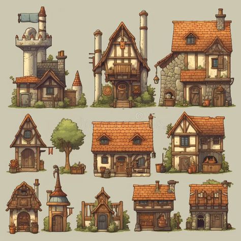 Pixel Village Art, Medieval Shop Concept Art, Minecraft Medieval Village Wall, Old Medieval House, House Castle Style, Medieval Farmhouse Concept Art, Small Midevil Minecraft Houses, Victorian Buildings Architecture, Medieval House Blueprints