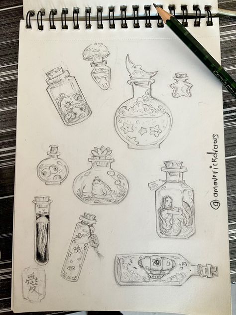 #sketchbook #sketchbookdrawing #conceptart #magic #witchcraft #witchythings #mermaid Magic Sketches Ideas, Magic Spell Book Drawing, Potion Sketch, Magic Potion Bottles Drawing, Magical Sketches, Spell Book Drawing, Magic Book Drawing, Potions Drawing, Witchcraft Drawing