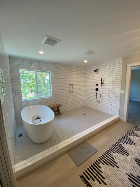 Shower With A Bathtub In It, Walk In Shower No Door With Free Standing Tub, Open Shower With Tub Master Bath, Tub In Shower Area Layout, Wet Room With Tub Master Suite, Large Open Shower Ideas, Country Modern Bathroom Ideas, Bath Tub Inside Shower Area Master Bath, Bathroom With Soaker Tub Shower Combo