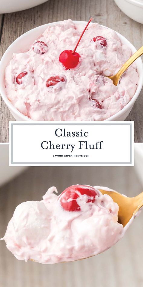 This Classic Cherry Fluff is full of cherry flavor with the addition of pineapple, nuts, and coconut, all enveloped in an airy fluff! Cherry Jubilee Dessert Recipes, Fluff Recipes, Fresh Cherry Recipes, Cherry Fluff, Jello Mold Recipes, Strawberry Fluff, Cherry Hand Pies, Mouthwatering Desserts, Fabulous Desserts