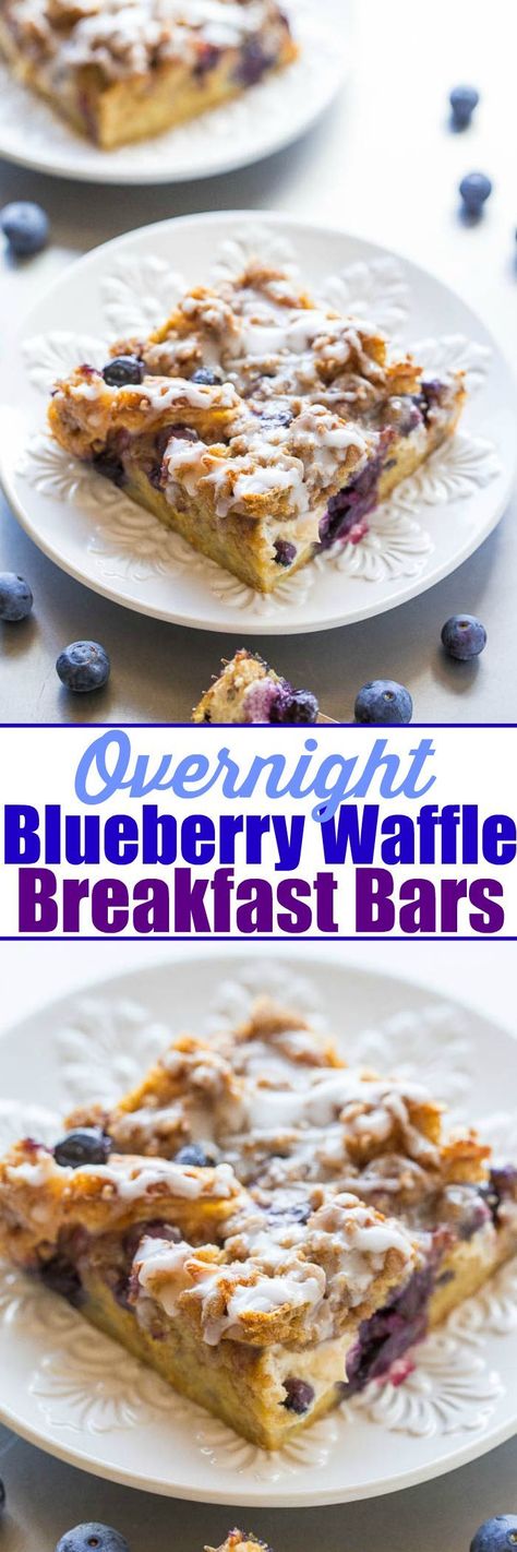 Overnight Blueberry Waffle Breakfast Bars - Blueberry waffles layered with cream cheese, blueberries, streusel, a glaze, and more for one of the BEST breakfasts ever!! It's dessert for breakfast! Assemble it the night before for a mindlessly easy and AMAZING breakfast or brunch!! Breakfast Ideas For A Group, Blueberry Waffle, Waffle Breakfast, Brunch Foods, Blueberry Waffles, Averie Cooks, Frozen Waffles, Waffle Bar, Amazing Breakfast