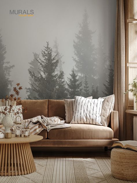 Misty Forest Mural, Misty Forest Wallpaper, Wall Decor Trends, Rustic Lake Houses, Living Room Wall Decor Ideas, Primitive Living Room, Room Wall Decor Ideas, Soft Bedroom, Rustic Wallpaper