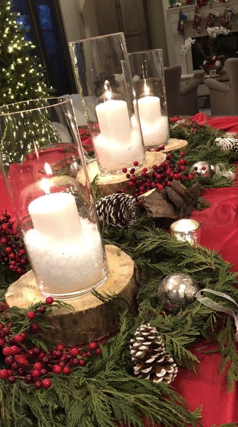 Greenery Centerpiece Christmas, Hurrican Centerpieces Christmas, Low Profile Christmas Table Centerpiece, Glass Hurrican Centerpieces Christmas, Evergreen Centerpiece Christmas, Center Piece Christmas Decor, Christmas Wedding Centerpiece, Christmas Center Piece Decor Ideas, Candle Centerpieces Christmas