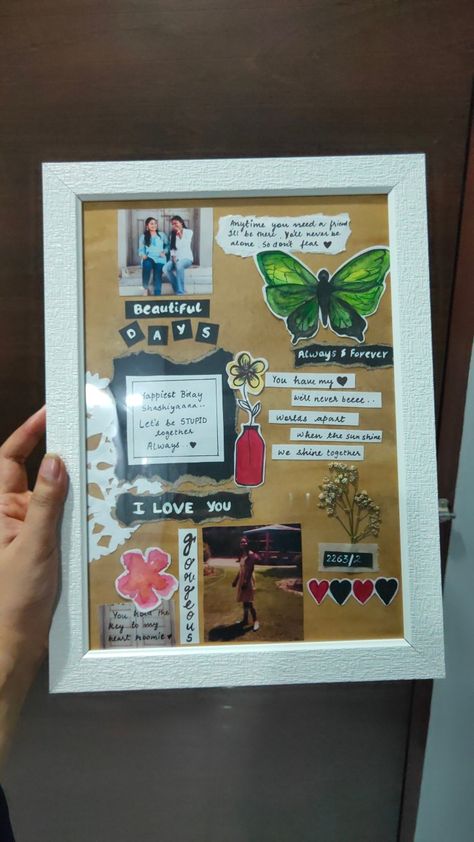 Photo Frame Homemade, Happy Birthday Frame Add Photo, Handmade Birthday Gift Ideas, Homemade Photo Frames, Diy Photo Book, Framed Letters, Friend Status, Love Scrapbook, Birthday Photo Frame