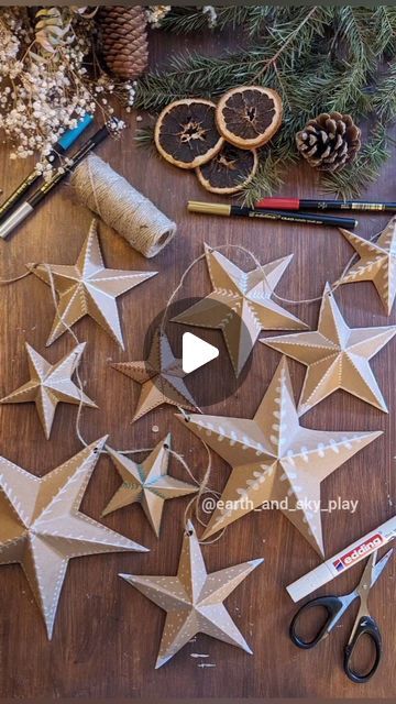 🌿Anna☀️| Crafts, Play & Learning on Instagram: "3D Paper Stars Garland ⭐  Ad| in Collaboration with @edding_uk and joining in with #eddingfestivemoments we have made a beautifully decorated paper garland to hang on our banister for Christmas!  Taking inspiration from snowflakes and gingerbread houses we used Kraft paper to make these 3D Paper stars.   We cut out our star shapes, decorated using a range of paint, metallic and chalk pens (the red and green work so well in the garland!) And folded the star to create this pop 3D effect!  Did you catch my boxing video (in my reels tab)? If you'd like the chance to include all these amazing pens to your crafting kits then check out all the details on the boxing video and my stories today!  I'll also make sure to show the finished set up of thes Star Garland Diy, 3d Paper Stars, Stars Garland, Anna Craft, 3d Paper Star, Decorated Paper, Snowflake Garland, Chalk Pens, Paper Wreath