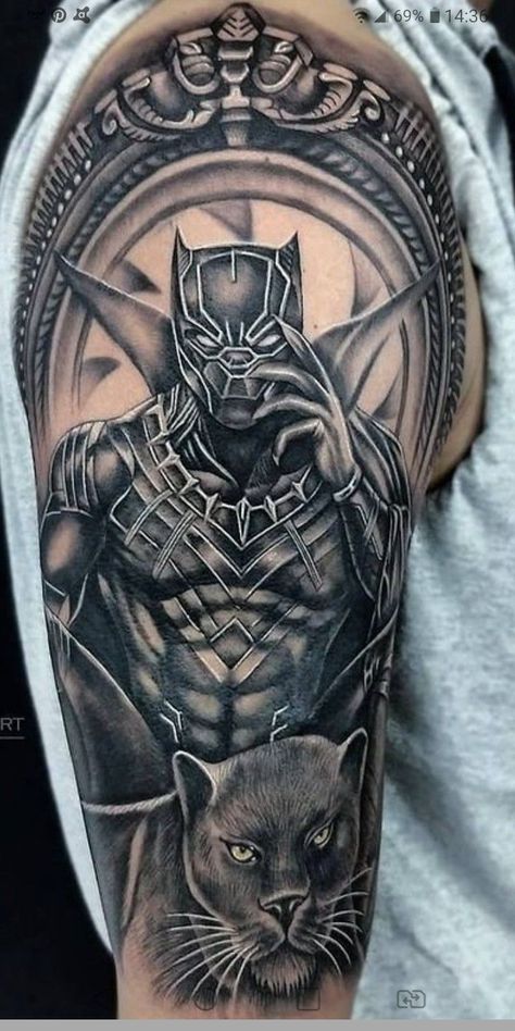 190+ Superhero Black Panther Tattoos Designs (2023) - TattoosBoyGirl Marvel Heroes Tattoo Design, Panther Arm Tattoo, Black Panther Tattoo Men, Black Panther Tattoo Marvel, Wakanda Tattoo, Panther Tattoo Meaning, Panther Tattoos, Black Panther Superhero, Arm Tattoos Black