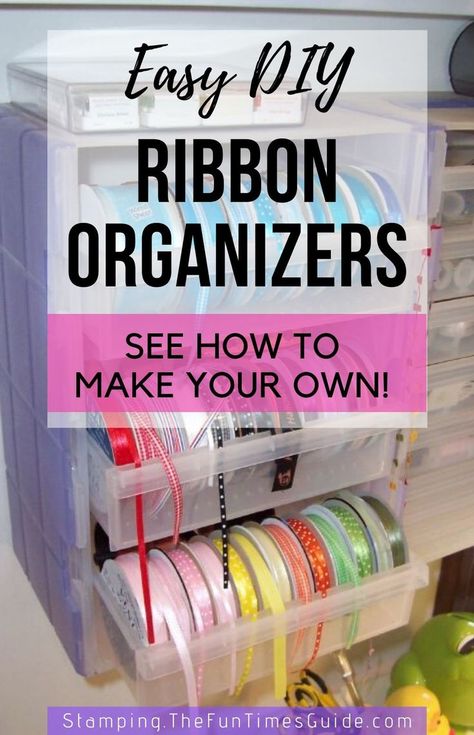 See my 1 favorite storebought ribbon organizer + 9 easy DIY ribbon organizers you can make yourself! #ribbons #bows #ribbonorganization #diyorganizers #organizing #christmaswrap #giftwrap #wrappinggifts Storage For Ribbon Organizing Ideas, Ribbon Holders Organizing, Ribbon Organization Diy, Organizing Ribbon In Craft Room, Craft Ribbon Organization, Store Ribbon Organizing Ideas, Organize Ribbon Rolls, Diy Ribbon Organization Ideas, How To Organize Ribbon Rolls