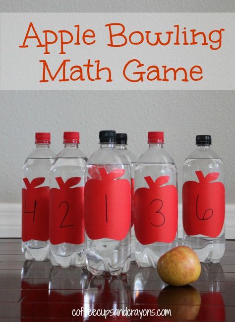 Apple Bowling Math Counting Game could be adapted to Feelings Bowling by adding feeling faces to the bottles. Math Counting Games, Preschool Apple Theme, Apple Kindergarten, Number Learning, Apple Lessons, Apple Preschool, Apple Unit, Apple Activities, Counting Games