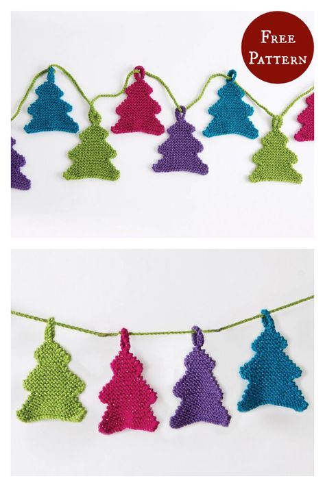 Happy Little Tree Garland Free Knitting Pattern Knit Ornament Pattern, Knitted Tree, Christmas Knitting Projects, Knitting Space, Fall Knitting Patterns, Bunting Pattern, Christmas Knitting Patterns Free, Easy Knitting Patterns Free, Christmas Lights Garland