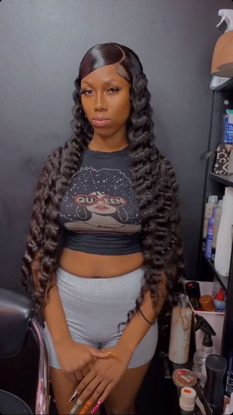 Swoop With Crimps Frontal, Side Part Swoop With Crimps, Half Up Half Down Crimps, Half Up Half Down Hair Black Women Crimp, Half Up Half Down Crimped Hair, Swoop With Crimps, Crimp Hair With Bow, Braided Half Up Half Down Hair, Braid Half Up Half Down