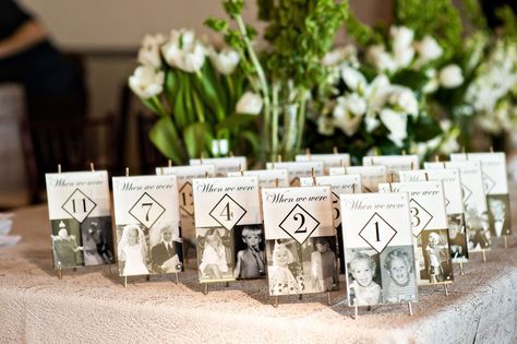 table-numbers-with-black-and-white-photos-of-bride-and-groom-when-they-were-that-particular-age Numbers Photography, Photos Of The Bride, Photo Table Numbers, Alfresco Wedding, Photo Table, Inside Weddings, Wedding Inside, Seating Chart Wedding, Indoor Wedding