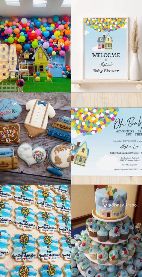 Baby Shower Up Theme, Disney Up Baby Shower Theme, Up Themed Gender Reveal, Up Themed Baby Shower Ideas, Up Baby Shower Theme, Up Baby Shower, Shower Vibes, Baby Party Ideas, Baby Shower Theme Decorations