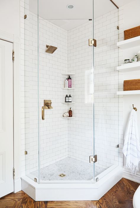 Parisian Inspired Bathroom, White Bathroom Interior Design, White Bathroom Interior, Small Bathroom With Shower, Corner Shower, Basement Bathroom, Upstairs Bathrooms, Shower Remodel, Bathroom Renos