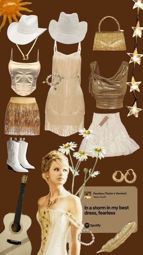 fearless eras tour outfit inspiration 💛🫶 Fearless Themed Outfits, Fearless Dress Eras Tour Outfit, Taylor Swift Fearless Inspired Outfits, Love Story Eras Tour Outfit, Fearless Concert Outfit, Taylor Swift Eras Tour Outfits Fearless, Fearless Inspired Outfits, Fearless Era Outfits, Fearless Eras Tour Outfits