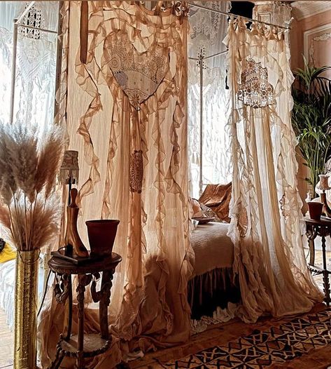 Serasestra on Instagram: "House Gowns dipped in tea drape the bed 🕊" House Gown, Canopy Bed Drapes, Bed Drapes, Canopy Bed Diy, Dream Bedroom Inspiration, Canopy Curtains, Victorian Bedroom, Diy Canopy, Modern Tiny House