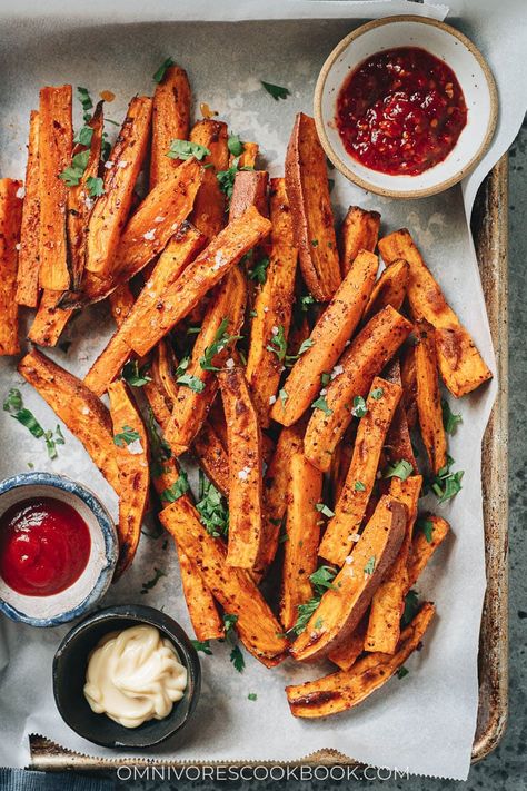 A super easy air fryer sweet potato fries recipe featuring perfectly cooked fries that are crispy on the outside, tender inside, and enhanced with a savory spice mix. It requires less oil than deep frying and tastes so good! {Vegan, Gluten-Free} Oven Baked Sweet Potato Fries, Oven Baked Sweet Potato, Air Fryer Sweet Potato Fries, Making Sweet Potato Fries, Butternut Squash Fries, Frozen Sweet Potato Fries, Squash Fries, Baked Sweet Potato Fries, Sweet Potato Recipes Fries