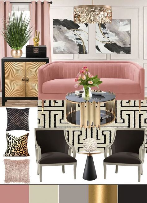 Art Deco Glam Living Room, Colorful Glam Living Room, Simple Glam Living Room, Glam Living Room Mood Board, Pink Walls Living Room, Glam Living Room Decor Apartment, Glam Living Room Ideas, Hollywood Glam Living Room, Art Deco Living Room Ideas