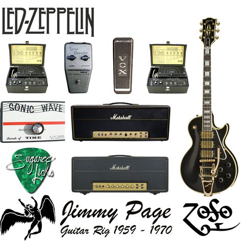 Jimmy Page early guitar equipment.  Jimmy Page began his career as a studio session musician in London and, by the mid-1960s, had become the most sought-after session guitarist in England. He was a member of the Yardbirds from 1966 to 1968.     In late 1968, he founded Led Zeppelin. Page is widely considered to be one of the greatest and most influential guitarists of all time. Rolling Stone magazine has ranked him number 3 in their list of the “100 Greatest Guitarists of All Time”.     In 2010, Jimmy Page Guitar, Guitar Equipment, Musician Business Card, Diy Guitar Pedal, Guitar Strumming, Jackson Guitars, Rock Poster Art, Rolling Stone Magazine, Guitar Tech