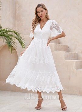 [US$ 54.00] V-Neck A-line Lace Midi Dresses  - JJ's House White Reception Dress, Wedding Rehearsal Dress, Casual Beach Wedding Dress, Bride Reception Dresses, White Dress Spring, Casual Beach Wedding, Outdoor Dress, Beach Garden, Rehearsal Dinner Dresses