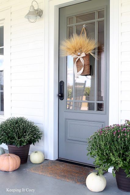 Door paint color is Amherst Gray from Benjamin Moore. Doors Colors, Hello Video, Best Front Door Colors, Farmhouse Porch Decor, Best Front Doors, Front Door Paint Colors, Doors Ideas, Farmhouse Front Door, Door Paint Colors