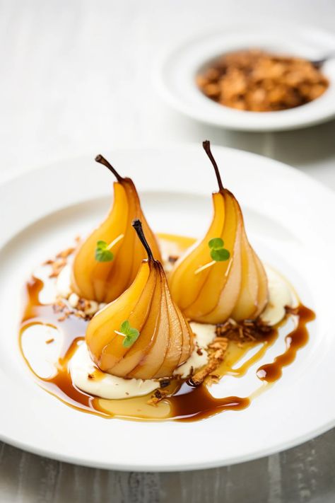 Bursa-Style Poached Pears in Clove and Cinnamon Syrup - Cooking Mediterranean Poach Pear Dessert, Poached Apples Desserts, Poached Fruit Desserts, Christmas Poached Pears, Pear Recipes Savory, Poached Pear Appetizer, Honey Poached Pears, Poached Pears Dessert Plating, Spiced Poached Pears