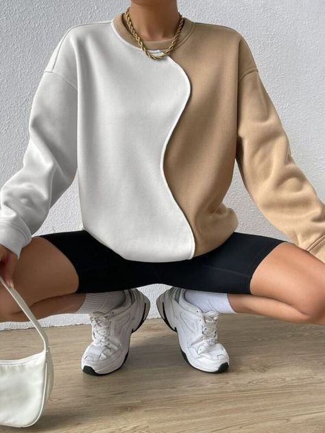 Sweatshirt Refashion, Drop Shoulder Sweatshirt, Mode Turban, Diy Sweatshirt, Mode Abaya, Dropped Shoulder Sweatshirt, Color Block Top, Pullover Sweatshirts, Fashion Online Shop