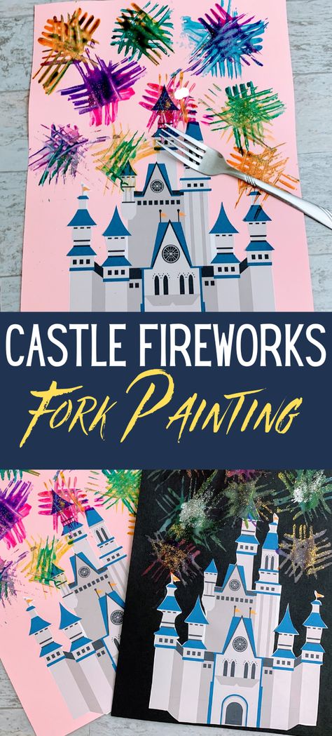 Make your own Disney Castle fireworks with this kid's painting activity where forks help create the fireworks. Free castle printable. #disneycrafts #painting #kidscrafts Disney Art Ideas For Preschool, Disney Art Activities Preschool, Disney Theme Preschool Crafts, Disney Crafts Kindergarten, Disney Day At Preschool, Disney Week Crafts, Disney Themed Crafts For Preschool, Prek Disney Crafts, Disney Crafts For Kindergarten