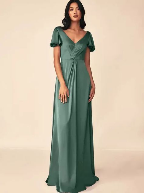 satin green spring bridesmaid dress with flutter sleeves and long maxi skirt Satin Dress Bridesmaid, Bridesmaid Dress Satin, Eucalyptus Bridesmaid Dress, Satin Bridesmaids Gowns, Bridesmaid Dresses Separates, Emerald Green Satin Dress, Eucalyptus Bridesmaid, Olive Bridesmaid Dresses, Dark Green Bridesmaid Dress