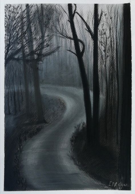 #karakelempeyzaj #airperspective #charcoal #softpastel #pencil drawing landscape #viewdrawing #forestdrawing #waydrawing #ormançizimi #treedawing #ağaççizimi Creepy Forest Drawing, Charcoal Art Easy, Road Drawing, Forest Drawing, Building Drawing, Charcoal Drawings, Forest Road, Charcoal Art, Los Sims