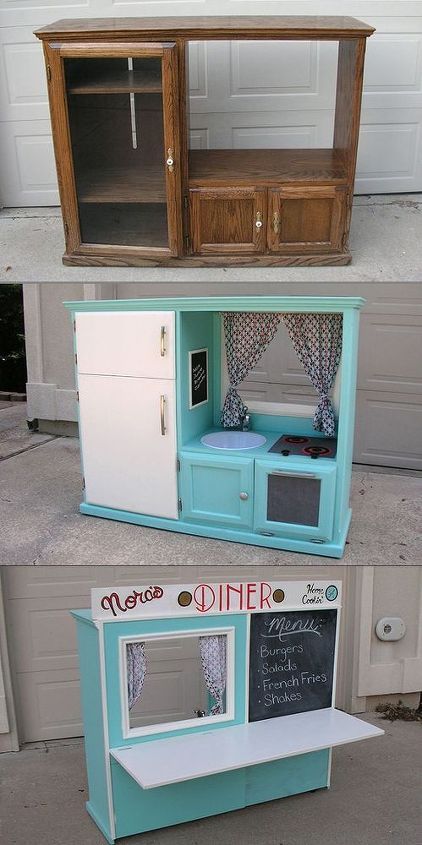 Old Entertainment Centers, Diy Furniture Makeover Ideas, Play Kitchens, Diy Hanging Shelves, Old Cabinets, Diy Furniture Hacks, Diy Projects For Kids, Diy Furniture Easy, Furniture Hacks