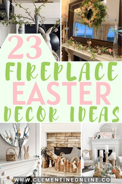 23 EASY Easter fireplace mantel decorating ideas - Clementine Online Easter Mantle Ideas Fireplace Mantels, Easter Mantel Ideas, Easter Mantle Decor Ideas, Easter Mantel Decorating Ideas, Mantle Ideas Fireplace, Mantel Ideas Fireplace, Easter Fireplace Mantel Decor, Easter Fireplace Mantel, Easter Fireplace Decor