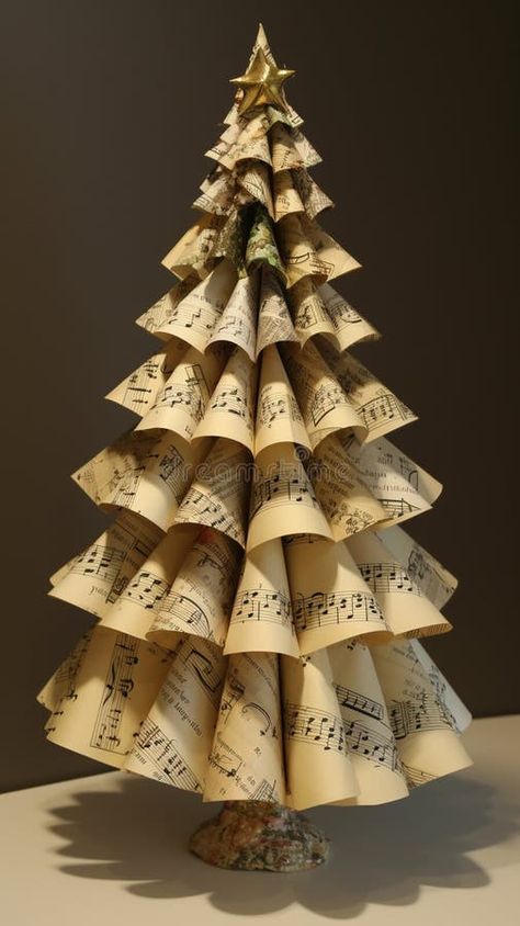 Paper Christmas tree. AI Generated royalty free stock images Folded Paper Trees, Christmas Tree Books Diy, Book Folding Christmas Tree, Book Page Crafts Christmas, Book Folding Christmas, Christmas Tree Diy Paper, Diy Cardboard Christmas Tree, Book Folding Patterns Free, Music Christmas Ornaments