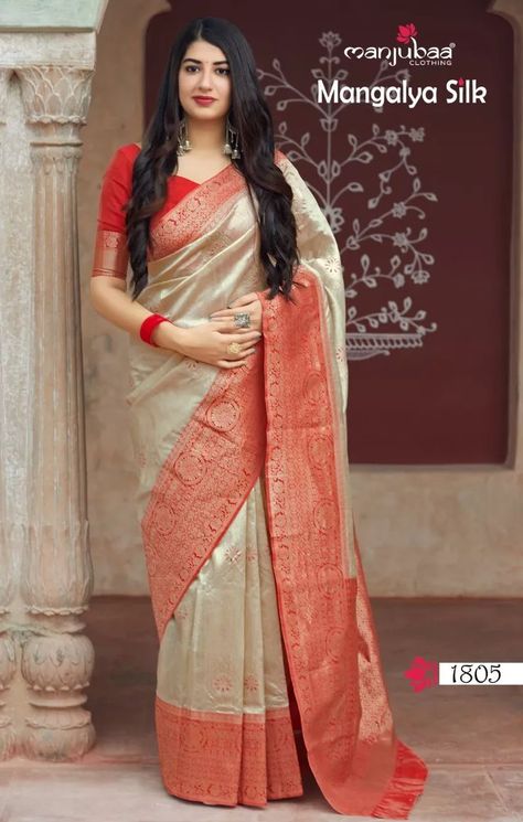 Beige colour Manjubaa Silk, New Soft Silk Designer Saree, red and white saree with Blouse Red And White Saree, Off White Designer, Wedding Saree Collection, Gorgeous Outfits, White Saree, Saree Blouse Designs Latest, Silk Saree Blouse, Party Kleidung, Art Silk Sarees