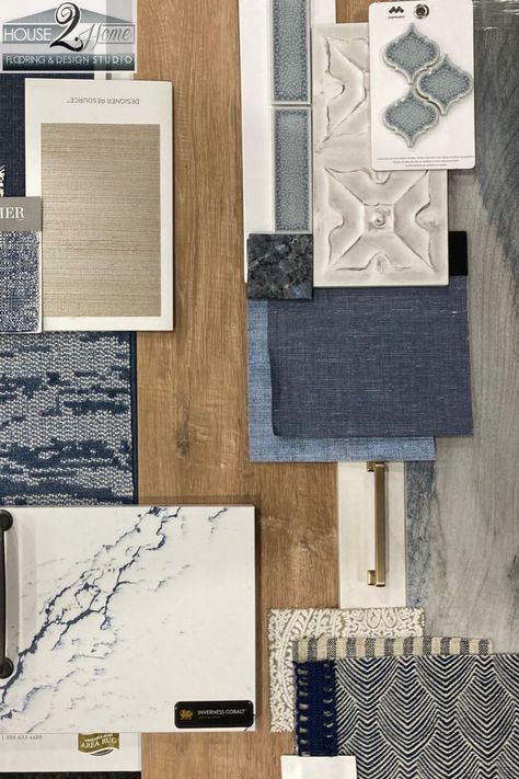 This mood board is inspired by two new products. House2Home will now be stocking the Champagne Oak Loose Lay LVP and offer the Masland's FreeStyle carpet, both featured in this board. We love these two new additions to our showroom! To better showcase these items we paired them with textured York wallpaper, Trend trims, and fabrics from our Design Loft. We then found two countertop options that pair with the colors found in the carpet. Stop by our showroom to see these items in person! Vinyl Countertops, Blue Kitchen Inspiration, Southern Coastal Decor, Flooring Showroom, Materials Board Interior Design, Modern Coastal Home, Mood Board Interior, Kitchen Mood Board, Countertop Options