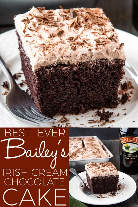 This Best Ever Bailey's Irish Cream Chocolate Cake is the perfectly moist and delicious, infused with Bailey's Irish Cream and topped with a fluffy sweet Irish Cream Buttercream Frosting and shaved chocolate! Recipe from thebusybaker.ca! #baileys #irishcream #stpatricksday #dessert #cake #chocolatecake #chocolate #indulge #buttercream #irishcreamfrosting #cakerecipe Irish Cream Chocolate Cake, Baileys Irish Cream Cake, Cream Chocolate Cake, Irish Cream Cake, Baileys Cake, Irish Cream Recipe, Chocolate Baileys, Irish Desserts, Baileys Recipes