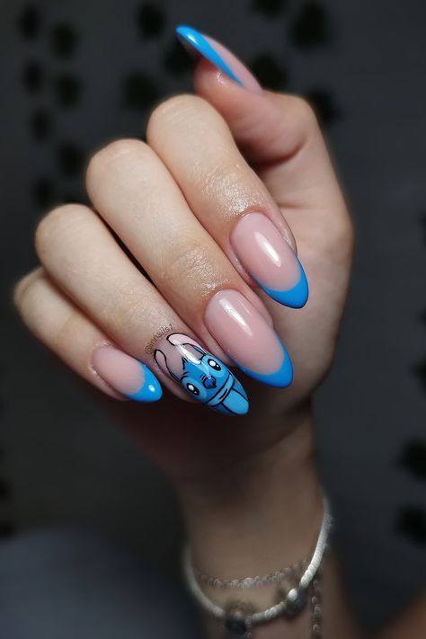 Nail art, lilo and stitch, stitch, blue nails, art, 2023, drawing, disney, blue french nails, french tip, cartoon characters Stitch Nails For Kids, Blue Disney Nails, Stitch Nails Disney, Nails Stitch, Animated Nails, Lilo And Stitch Nails, Kids Nail Salon, Cartoon Character Nails, Blue Nails Art