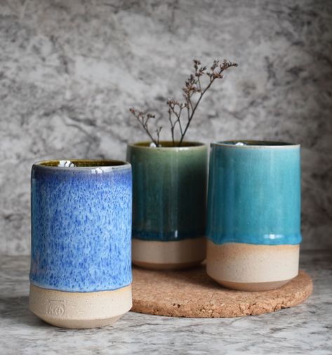 Handmade and thrown on the wheel. Beautiful and simplistic these tumblers can also be used as small vases. - By HKD Ceramics Vase Gres, Small Ceramic Vases Pottery, Cylinder Pottery Ideas, Ceramic Cylinders, Pottery Jars, Painted Ceramic Plates, Pottery Pots, Ceramic Workshop, Hand Thrown Pottery