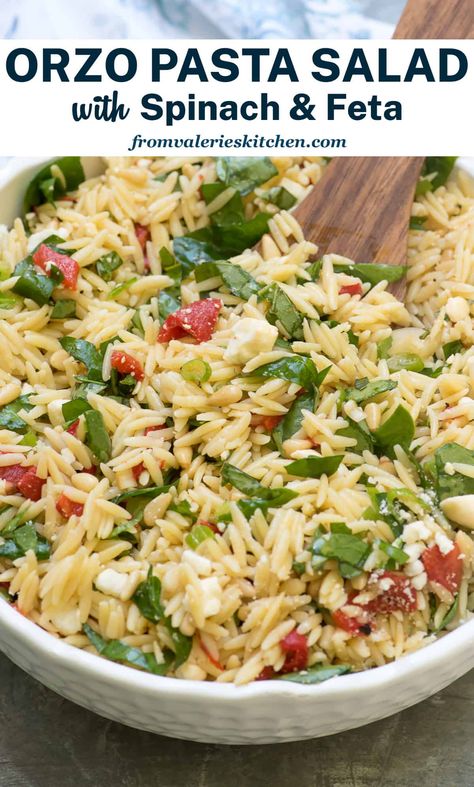 This Orzo Salad is a light, fresh pasta salad that is perfect for a summer BBQ menu. Loaded with flavor from roasted red peppers, spinach and feta and a delicious lemon honey vinaigrette. Orzo Sun Dried Tomato Salad Recipes, Orzo Pasta Salad With Feta And Spinach, Orzo Pasta Salad Recipes Cold, Salads Potluck, Orzo Salad With Spinach, Risotto Salad, Orzo Salad Recipes Cold, Orzo Salads, Fresh Pasta Salad