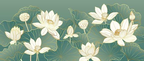 Lotus Poster Design, Lotus Wallpaper Aesthetic, White Lotus Wallpaper, Spiritual Art Wallpaper, Lotus Flower Background, Japanese Style Illustration, Chinese Banner, Lotus Background, Line Art Leaves