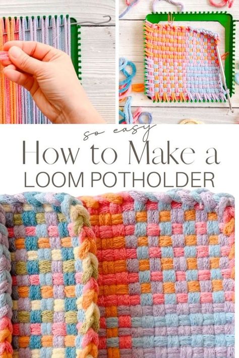 How To Finish Pot Holder Loom, Potholder Rug Diy, Loom Knit Trivet, Yarn Pot Holders, Potholder Loops Diy, Weaving Pot Holders Loom Patterns, Pot Holders Loom Patterns, Diy Potholder Loom, Pot Holder Designs