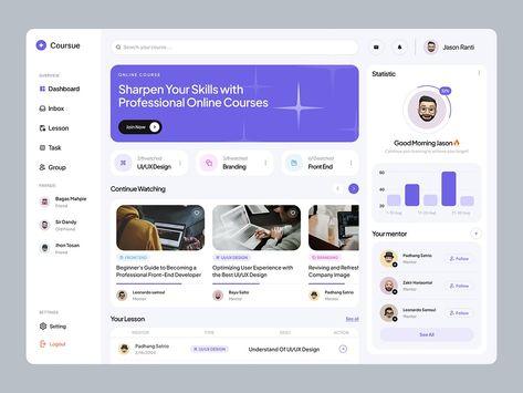 Coursue Learning Platform Dashboard by Fireart UI/UX for Fireart Studio on Dribbble Web Dashboard Design, Dashboard Ux Design, Learning Management System Ui Design, Dashboard Ui Design Web Application, Learning Platform Design, Website Dashboard Design, Ui Dashboard Design, Dashboard Design Ui, Dashboard Design Inspiration