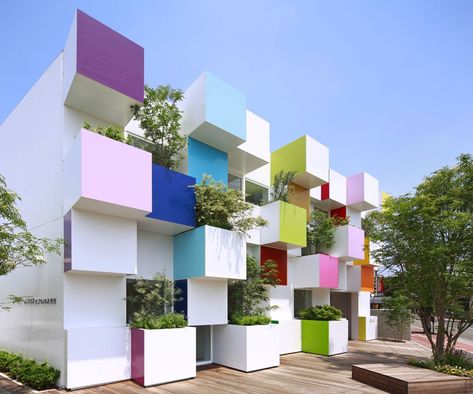 Emmanuelle Moureaux, Sugamo Shinkin Bank / Nakaaoki branch, Saitama, Japan Rainbow Interior, Rainbow Pictures, Rainbow Palette, Floor Plan Layout, Magic Garden, Architecture Model Making, Colourful Buildings, Graduation Project, Japan Design