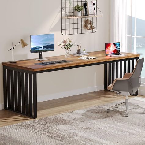 Amazon.com: Tribesigns 78.74" Extra Long Computer Desk 2 Person Desk, Double Long Desk with Heavy Duty Metal Frame, Double Workstation Study Desk for Home Office, Brown (Without Chair) (Gray & Black) : Home & Kitchen Desk 2 Person, Long Computer Desk, 2 Person Desk, Home Office Brown, Two Person Desk, Office Brown, Workstation Desk, Desk For Home Office, Double Desk