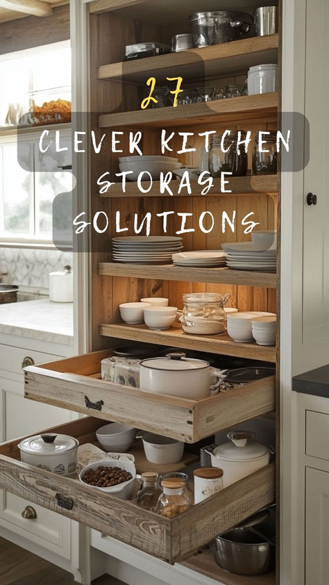 Struggling with a cluttered kitchen? Click to discover 27 clever kitchen storage solutions that maximize every inch of space. Find out how innovative ideas can keep your kitchen organized and stylish! 🗄️🍴 #KitchenStorage #SpaceSaving #HomeOrganization #KitchenDesign #CleverStorage Adding Storage To Kitchen, Small Kitchen Storage Ideas Organizing, 2025 Kitchen, Small Kitchen Storage Solutions, Kitchen Cabinet Storage Solutions, Cluttered Kitchen, Love Bedroom, Clever Storage Ideas, Clever Kitchen Storage