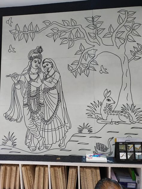 Radha Krishna Pencil Sketch Easy, Radha Krishna Outline Drawing, Radha Krishna Pencil Sketch, Radhe Krishna Sketch, Radhe Krishna Drawing, Bhagwan Drawing, Radha Krishna Drawing, Krishna Sketch, Wall Drawing Ideas